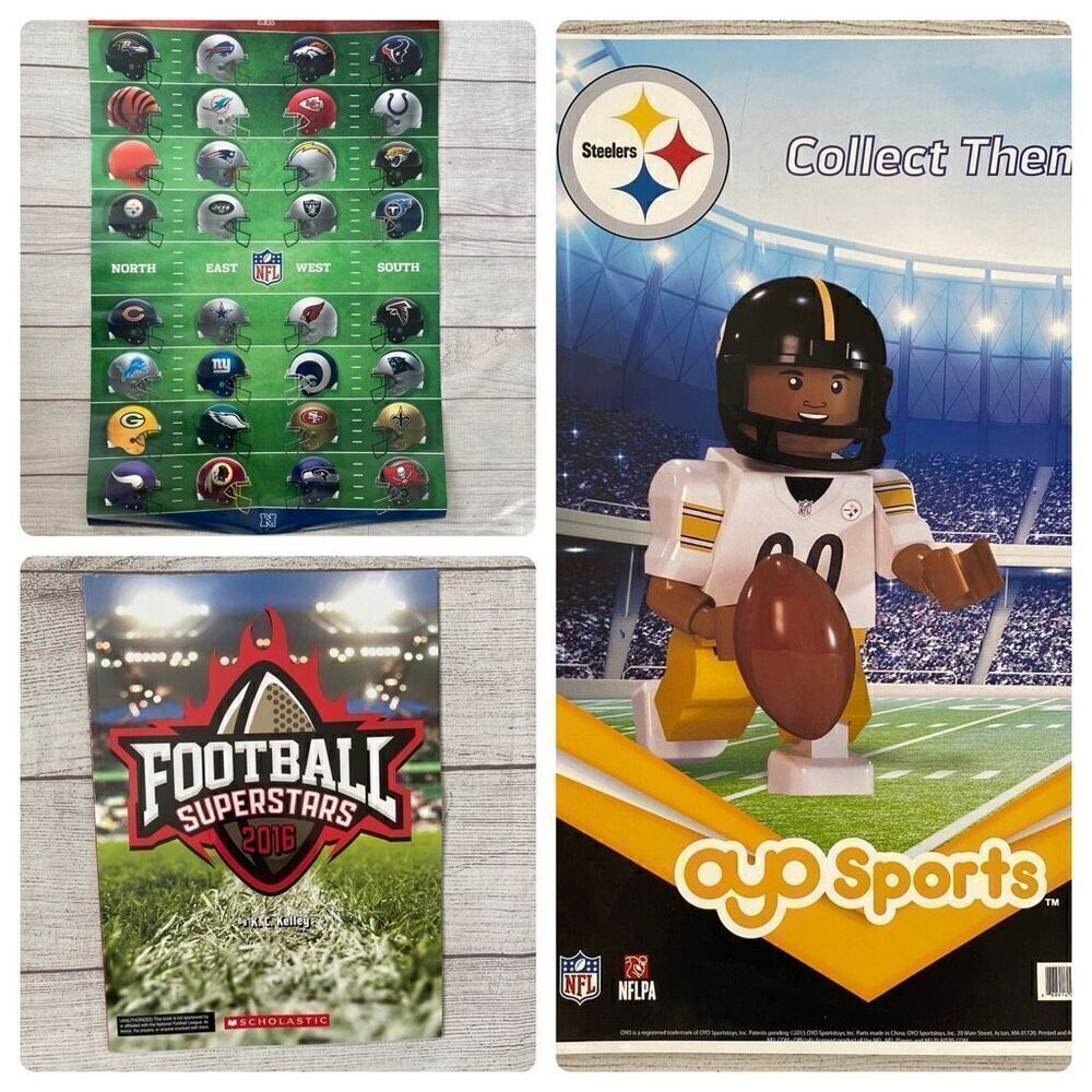 NFL football helmet poster, AYO Steelers poster and football superstars 2016 boo